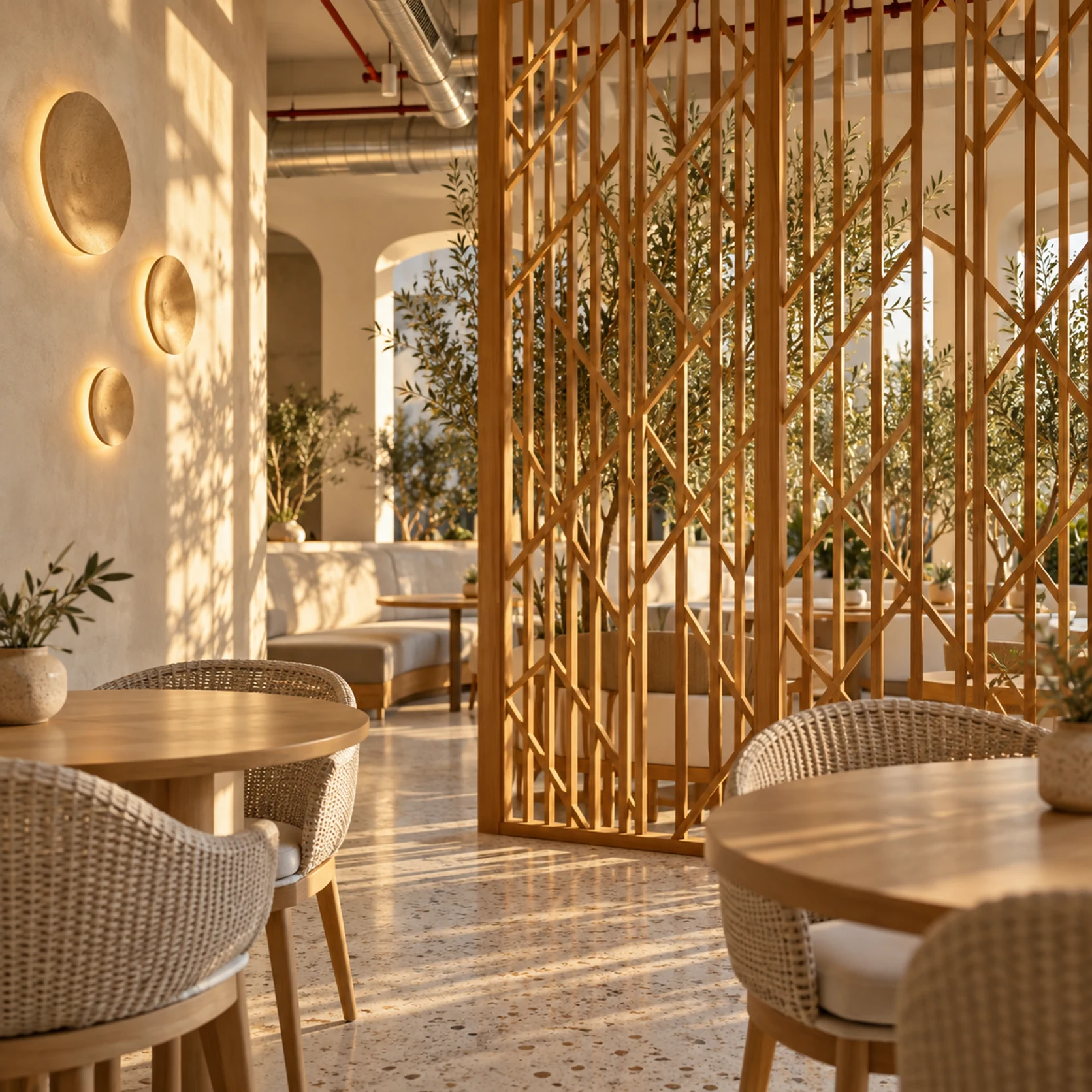 Cour des Oliviers — Claustra en bois et plantes