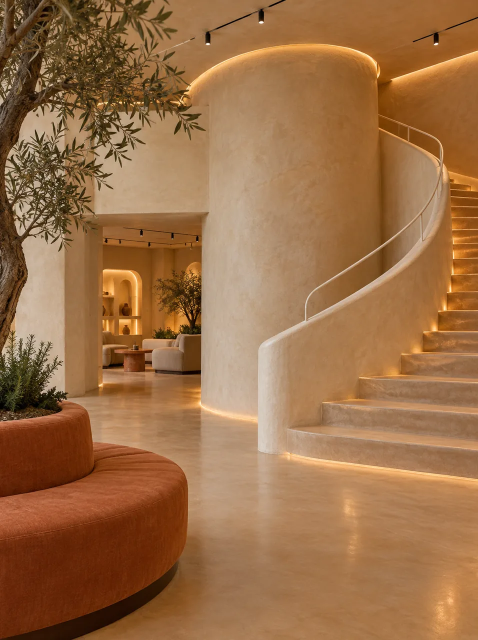 Ambiance d’un projet Oasis Spa : escalier et olivier — projet fictif